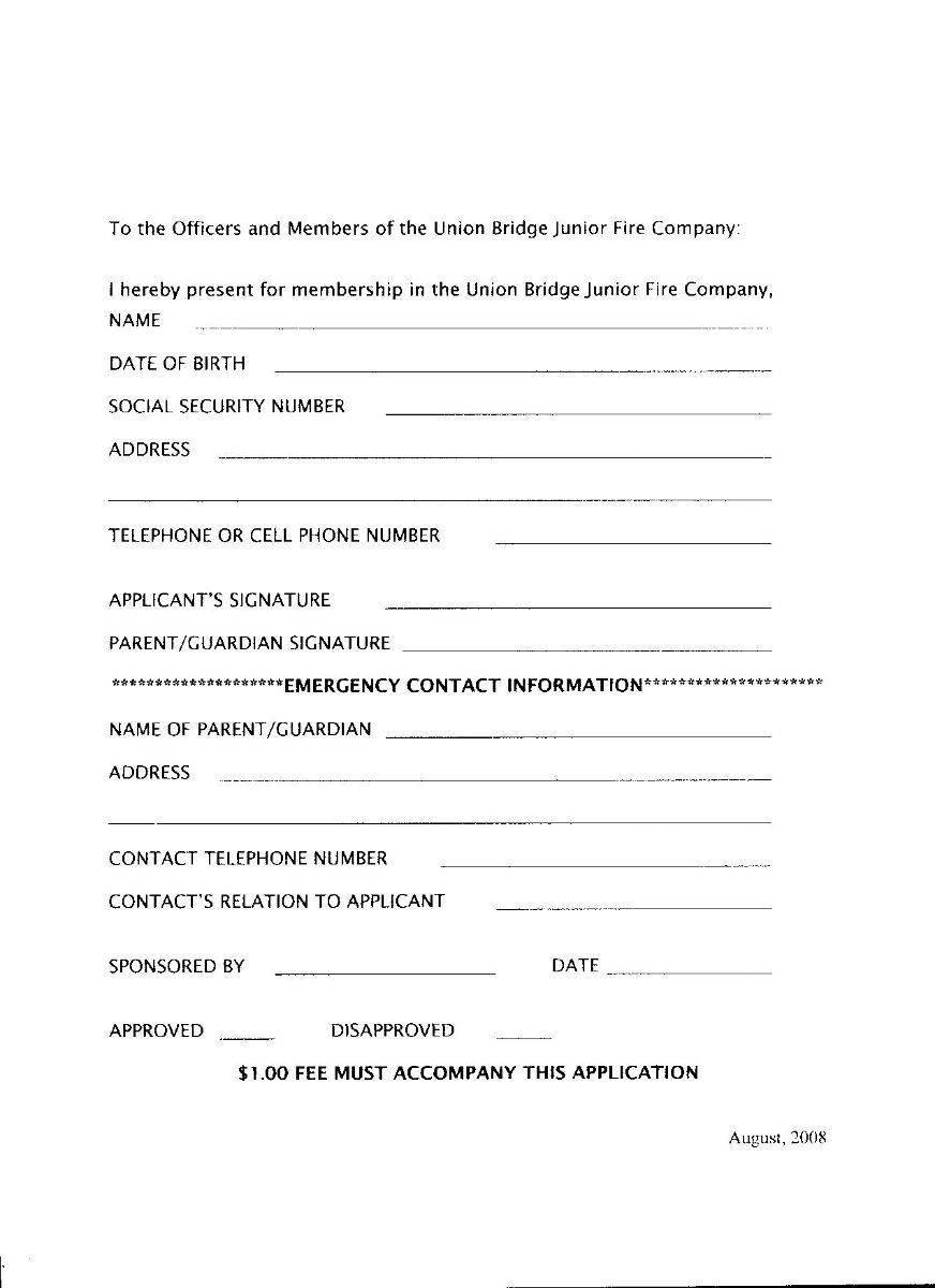 Union Bridge Junior Fire Company Application